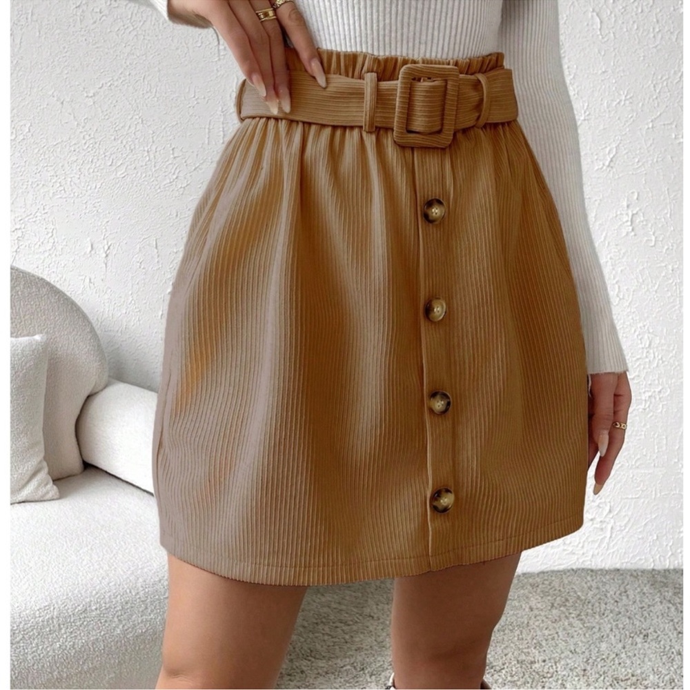 Solid Tan High Waisted Button Detail Corduroy Min… - image 3